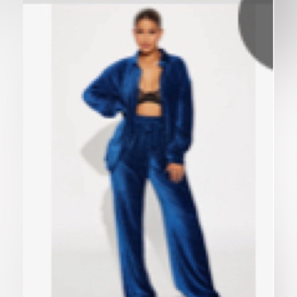 BRAND NEW! VELVET PLISSE PANT SET. (BLUE)